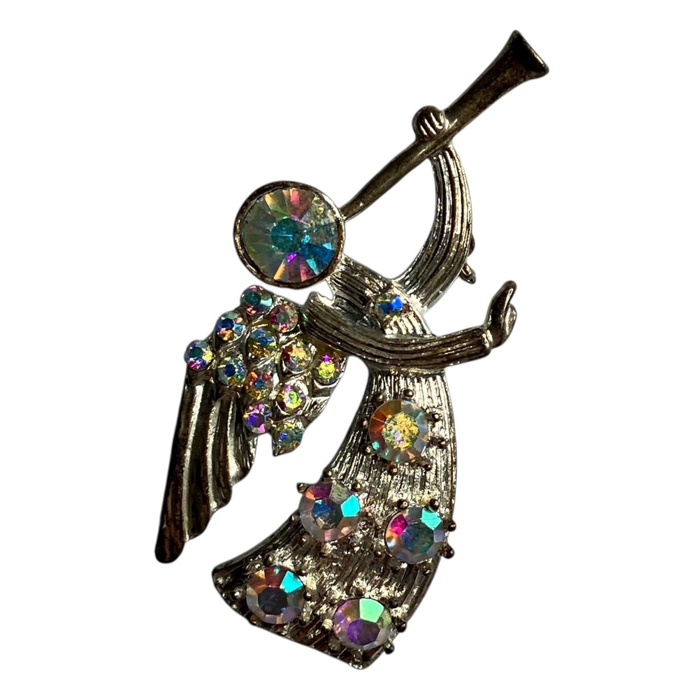 Sparkling Angel Trumpet Brooch Rhinestone Vintage Festive Pin Jewelry